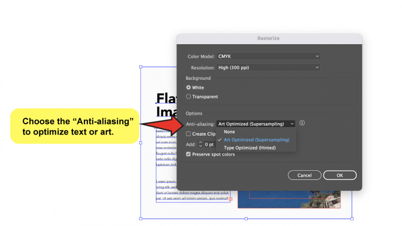   Kaip išlyginti vaizdą programoje „Illustrator“, naudojant rastrizacijos 3 veiksmą C