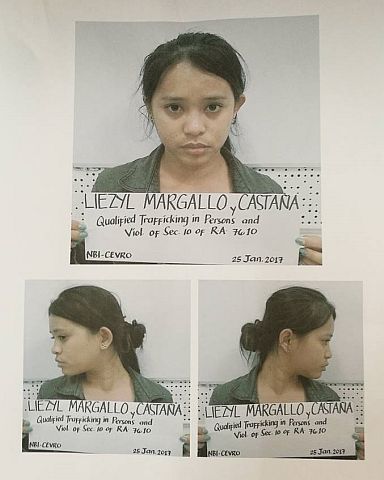 ภาพ Mugshot ของ Liezyl Margallo วัย 23 ปี เผยแพร่โดยสำนักงานสืบสวนสอบสวนแห่งชาติ (NBI) หลังจากที่เธอถูกจับกุมในรีสอร์ทแห่งหนึ่งบนเกาะ Malapascua เมื่อวันที่ 25 มกราคม 2017 (CDN PHOTO/CHRISTIAN MANINGO)